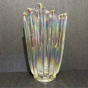 Vintage federal glass, celestial iridescent, ribbed vase MCM